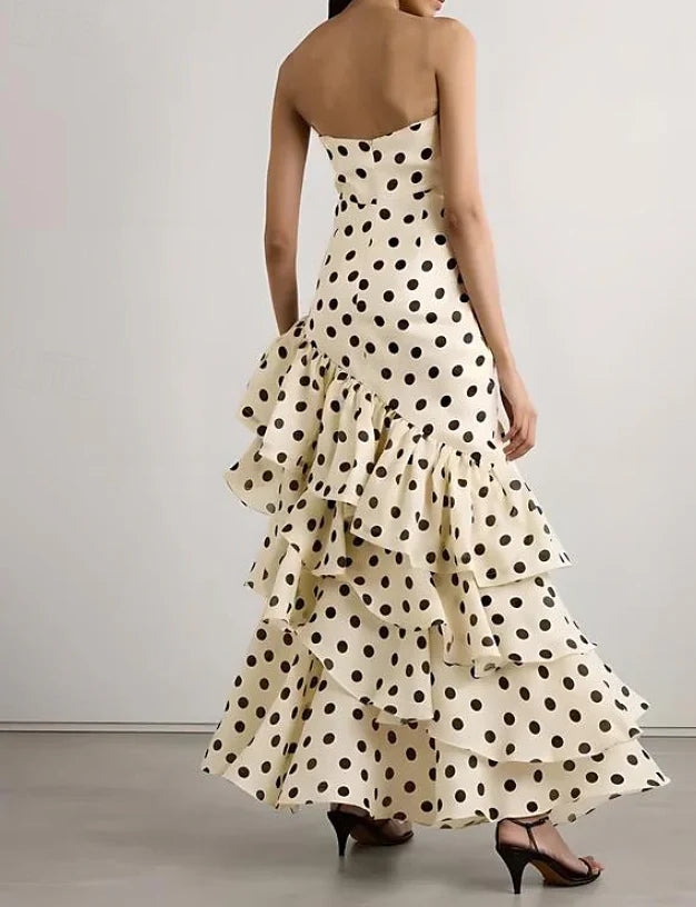 Vintage Polka Dot Strapless Long Prom Dress Sweetheart Ruffle Tiered Formal Dress, DP6564