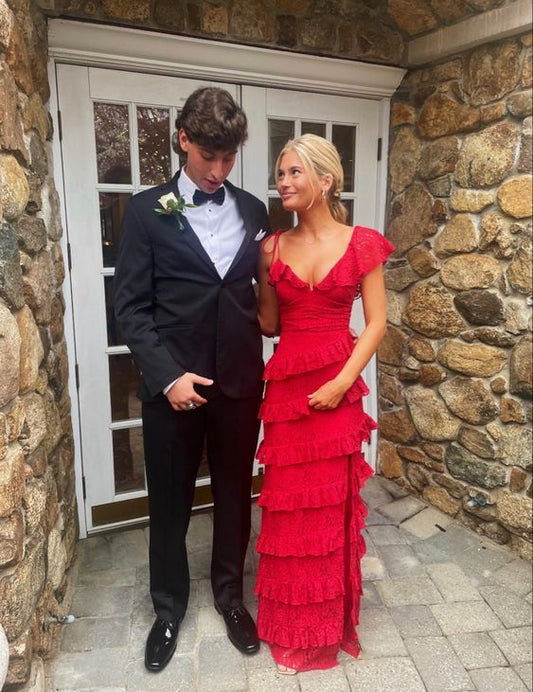 Vintage Red V-neck Long Prom Dress Sheath Tiered High Slit Formal Dress, DP6561