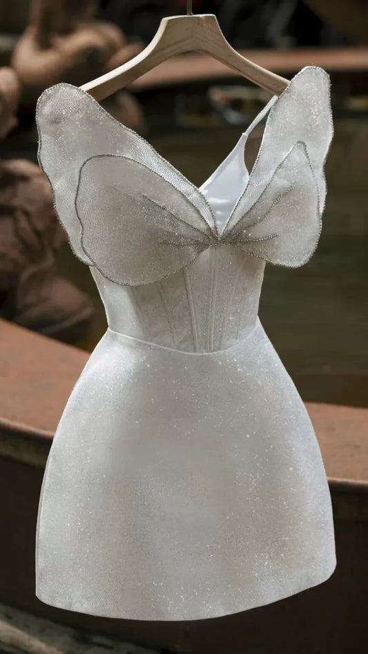 Süßes, glänzendes, trägerloses A-Linien-Partykleid mit Schmetterlingsdesign und Cocktailkleid für den Heimkehr DP6439