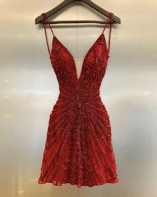 Sexy Burgundy Shiny Beaded Spaghetti Strap A-Line Short Party Dress Cocktail Dress Homecoming Dress DP6432