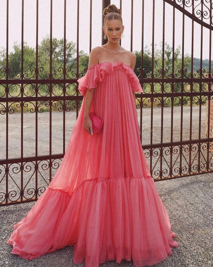 Vintage Pink Off-the-Shoulder Ballkleid Langes Plissee Abendkleid Formelles Kleid, DP6592