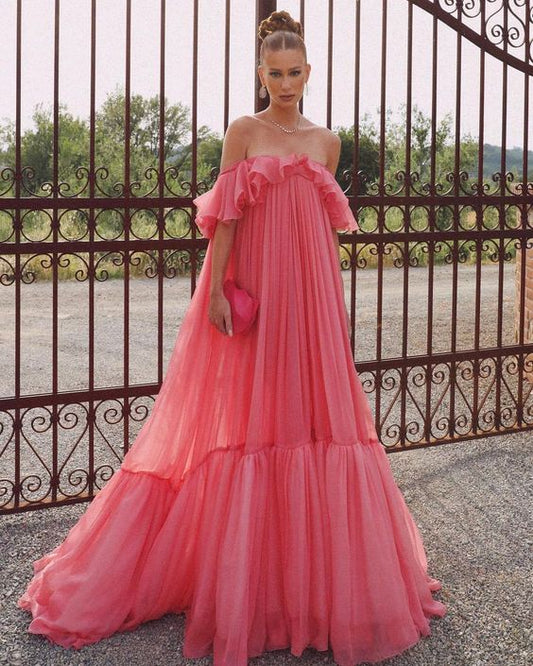Vintage Pink Off-the-Shoulder Ballkleid Langes Plissee Abendkleid Formelles Kleid, DP6592