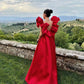 Robe de bal trapèze rouge vintage, longue robe de soirée à col en V et volants en satin, DP6589