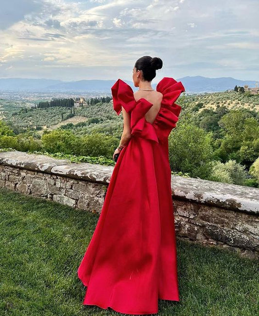 Vintage Rotes A-Linien-Ballkleid, langes Abendkleid mit V-Ausschnitt, Satinrüschen, formelles Kleid, DP6589