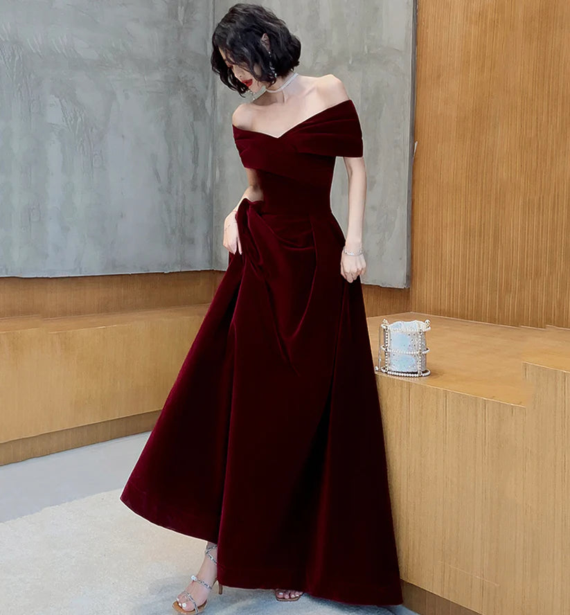 Vintage Burgundy Off-the-shoulder Velvet Design A-Line Evening Dress Prom Dress DP6131