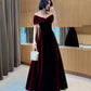 Vintage Burgundy Off-the-shoulder Velvet Design A-Line Evening Dress Prom Dress DP6131