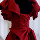 Gorgeous Burgundy V-neck Satin Puffy Sleeves Beading Sweet 16 Quinceanera A-Line Evening Dress Ball Gown DP6320