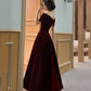 Vintage Burgundy Off-the-shoulder Velvet Design A-Line Evening Dress Prom Dress DP6131