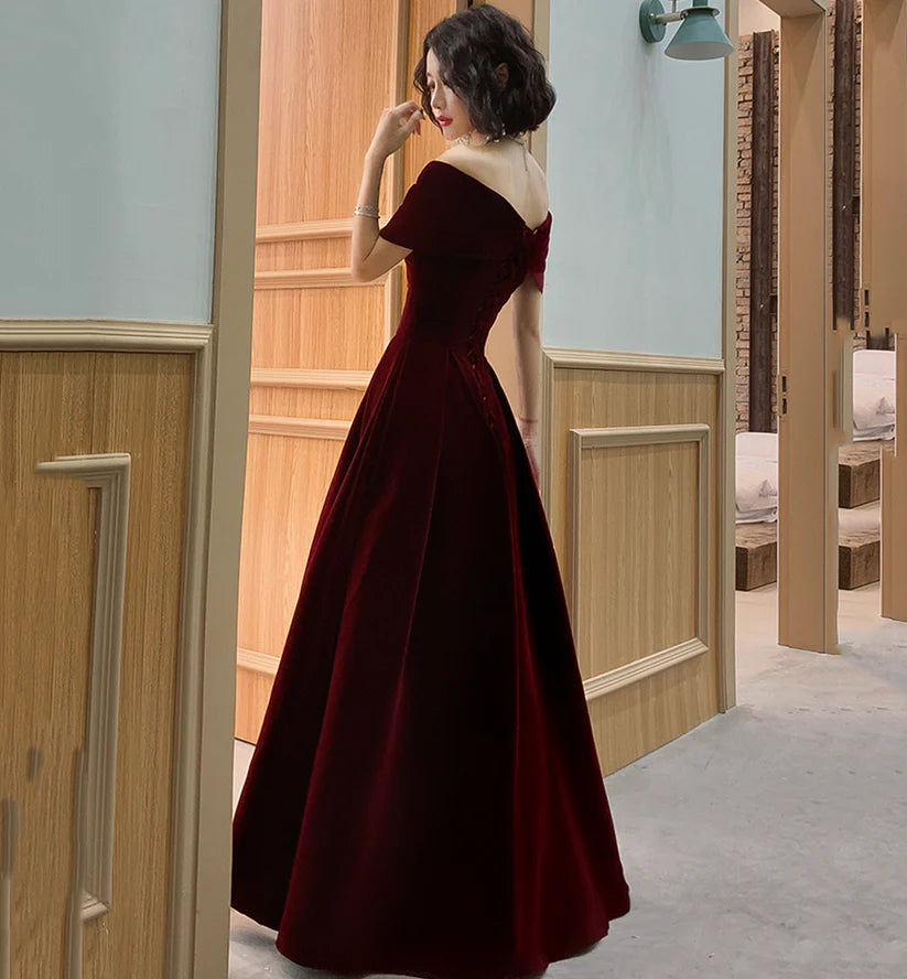 Vintage Burgundy Off-the-shoulder Velvet Design A-Line Evening Dress Prom Dress DP6131