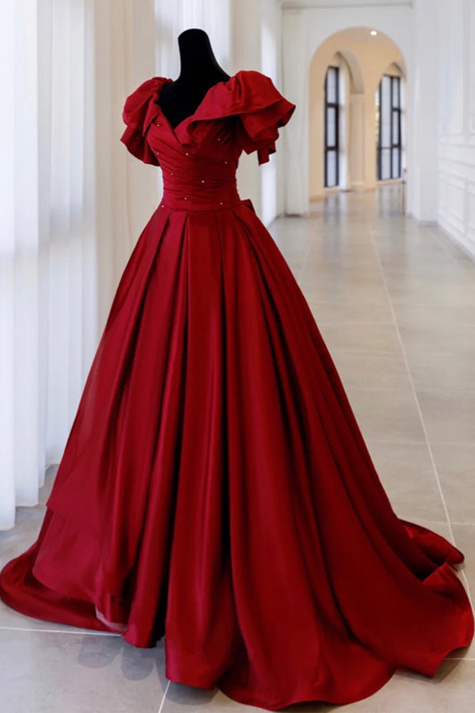 Wunderschönes burgunderrotes V-Ausschnitt Satin Puffärmel Perlenbesatz Sweet 16 Quinceanera A-Linie Abendkleid Ballkleid DP6320