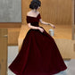 Vintage Burgundy Off-the-shoulder Velvet Design A-Line Evening Dress Prom Dress DP6131