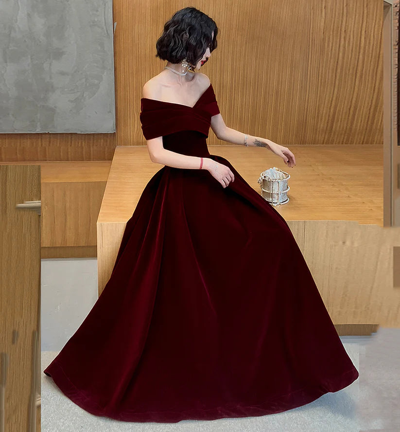 Vintage Burgundy Off-the-shoulder Velvet Design A-Line Evening Dress Prom Dress DP6131