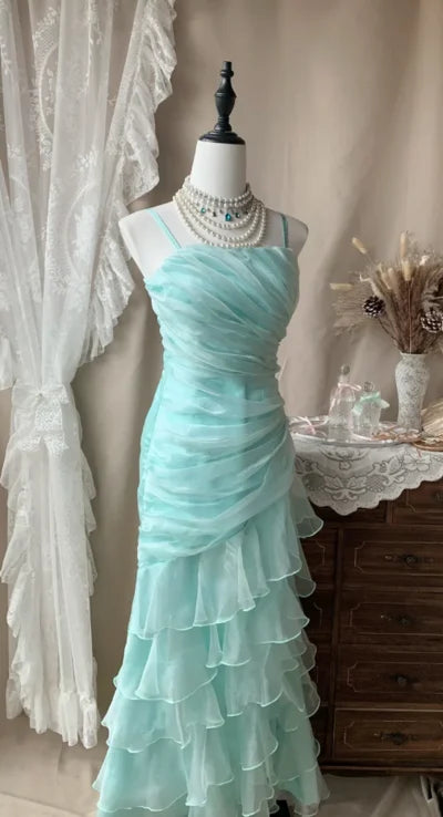 Vintage mintblaues Chiffon-Abendkleid im Meerjungfrauen-Stil mit Spaghettiträgern DP8359