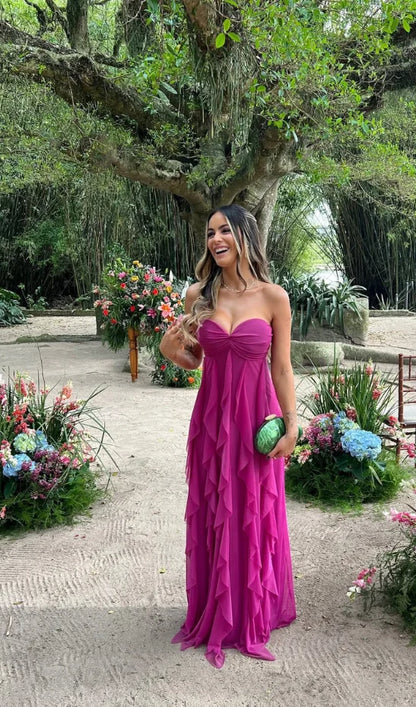 Elegant Fuchsia Strapless Sweetheart Ruffle Chiffon A-Line Prom Dress DP8454
