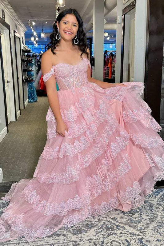 Chic Pink Off-Shoulder Tiered Lace Prom Dress High Slit Glittering Sequin Evening Gown DP7164
