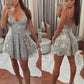 Vintage Shiny Silvery Sequin Applique Spaghetti Strap Short A-Line Party Dress Cocktail Dress Homecoming Dress DP6481