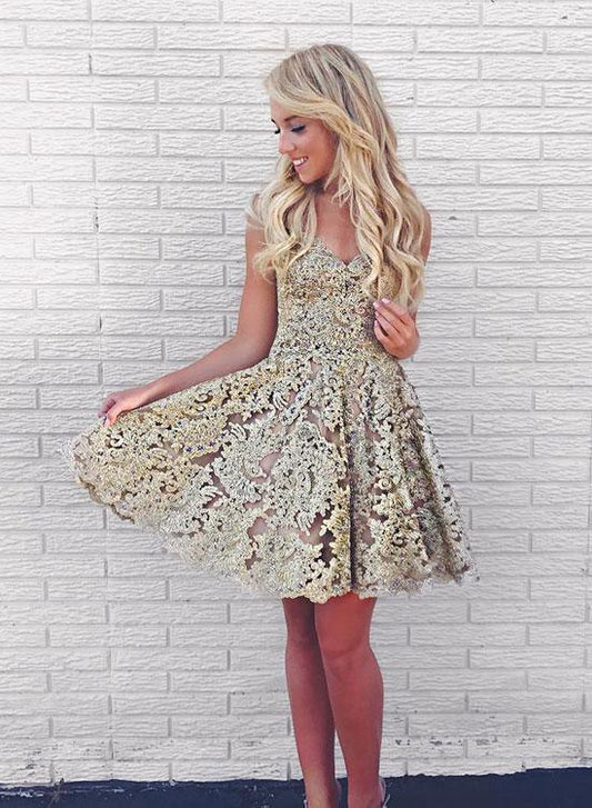 Vintage Spitzenapplikationen Kurzes A-Linie Partykleid Cocktailkleid Homecomingkleid DP6486