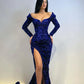 Robe de bal vintage scintillante à perles, décolleté en cœur, manches longues, fourreau, fente haute, robe de soirée longue, robe formelle DP6823
