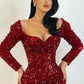 Robe de bal vintage scintillante à perles, décolleté en cœur, manches longues, fourreau, fente haute, robe de soirée longue, robe formelle DP6823