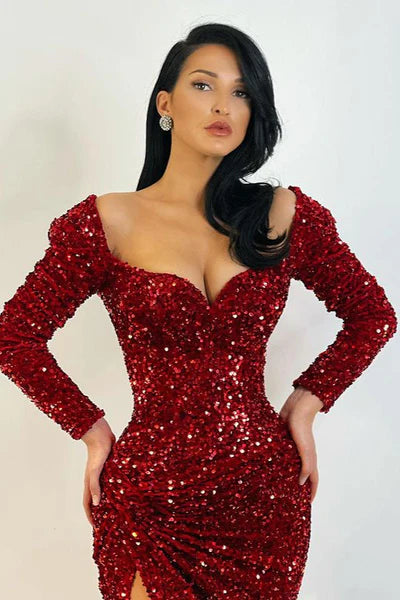 Robe de bal vintage scintillante à perles, décolleté en cœur, manches longues, fourreau, fente haute, robe de soirée longue, robe formelle DP6823