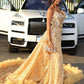 Gorgeous Golden Strapless Prom Dress Beaded Evening Gown High Slit Party Dress Trailing Long Formal Dress DP6817