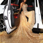 Gorgeous Golden Strapless Prom Dress Beaded Evening Gown High Slit Party Dress Trailing Long Formal Dress DP6817