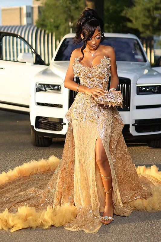 Wunderschönes trägerloses Ballkleid mit Perlenbesatz, hochgeschlitztes Partykleid, langes Abendkleid, DP6817