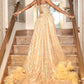 Gorgeous Golden Strapless Prom Dress Beaded Evening Gown High Slit Party Dress Trailing Long Formal Dress DP6817