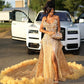 Gorgeous Golden Strapless Prom Dress Beaded Evening Gown High Slit Party Dress Trailing Long Formal Dress DP6817