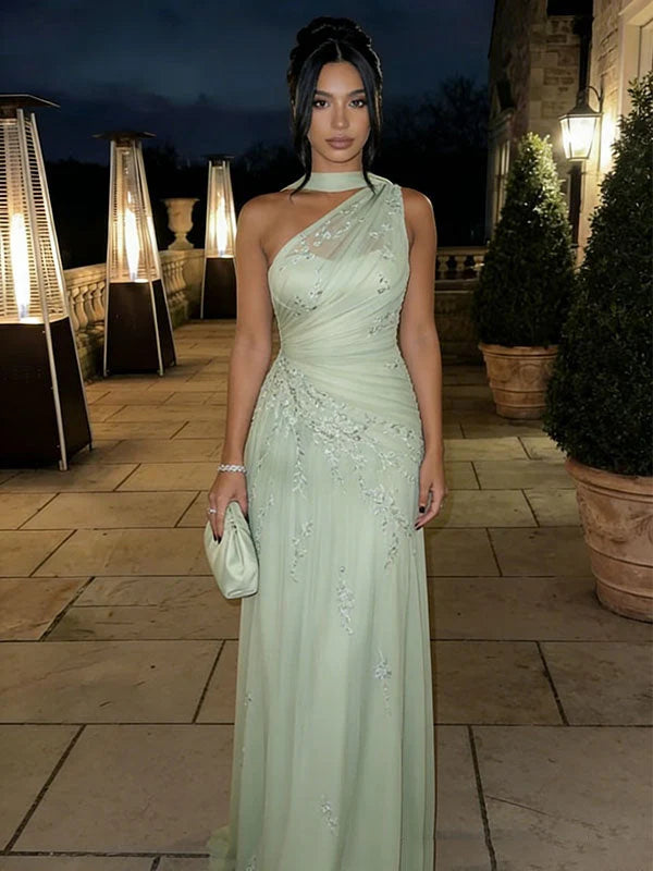 Elegant Sage Green One-Shoulder Chiffon Lace Appliques Sheath Prom Dress DP8486