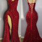 Vintage Red Sheath Prom Dress Sparkling Beaded Sequin Evening Gown High Slit Party Dress Long Formal Dress DP6831