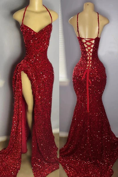 Vintage Red Sheath Prom Dress Sparkling Beaded Sequin Evening Gown High Slit Party Dress Long Formal Dress DP6831