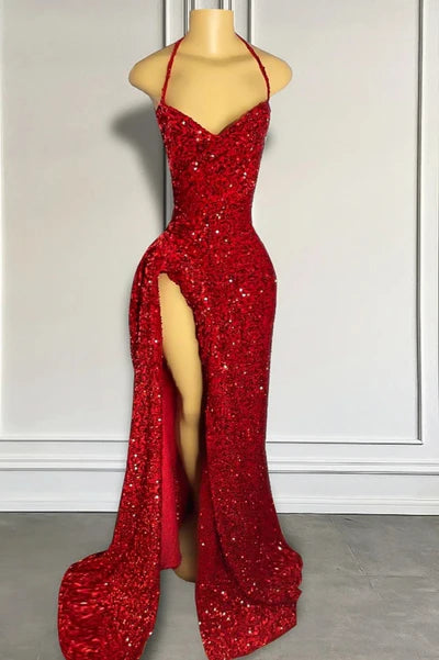 Vintage Red Sheath Prom Dress Sparkling Beaded Sequin Evening Gown High Slit Party Dress Long Formal Dress DP6831