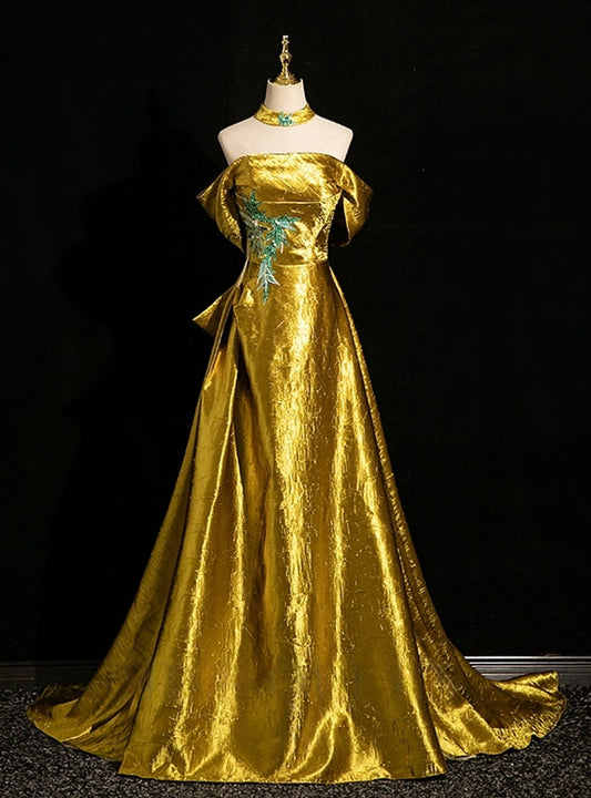Robe de bal trapèze vintage dorée brillante, épaules dénudées, robe de soirée longue, robe de soirée DP6644
