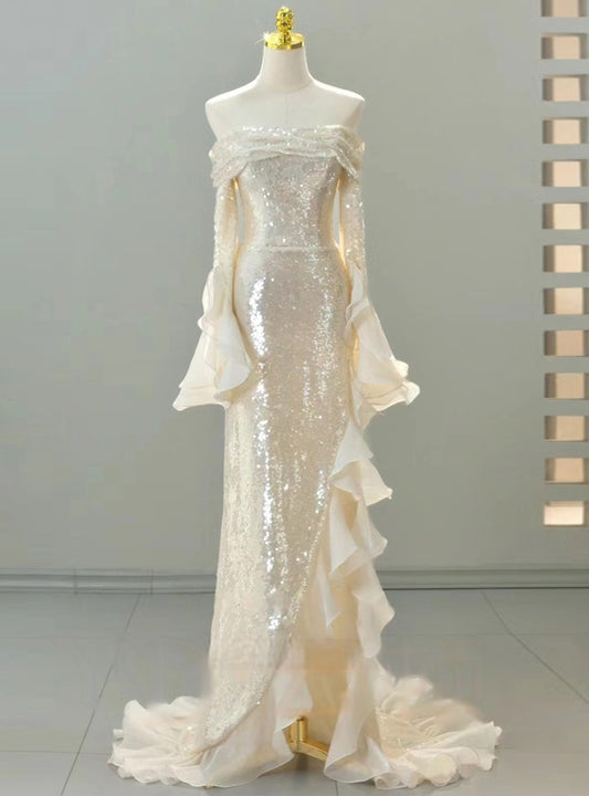 Glamorous Champagne Sequin Off-the-Shoulder Mermaid Gown Ruffled Bell Sleeves & Train Prom Dress DP7639