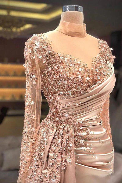 Chic Champagne Pink Satin Beaded Prom Dress Sheath Evening Gown Party Dress Long Formal Dress DP6944
