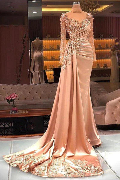 Chic Champagne Pink Satin Beaded Prom Dress Sheath Evening Gown Party Dress Long Formal Dress DP6944