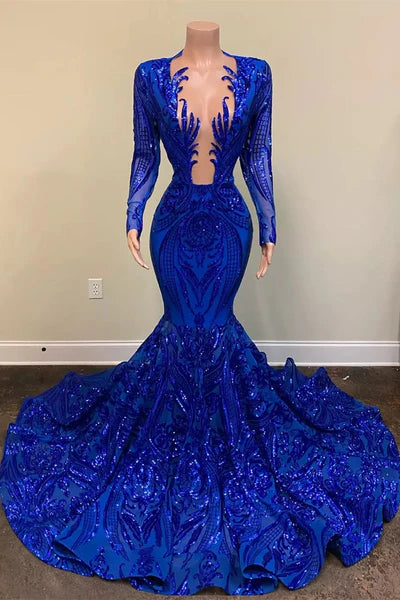 Vintage Royal Blue Mermaid Prom Dress Sequined Evening Gown Party Dress Long Formal Dress DP6834