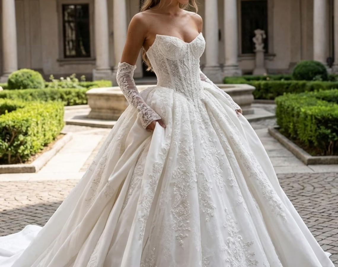 Elegant Strapless Sweetheart Corset Satin Detachable Long Lace Sleeves Embroidery Wedding Dress DP8591