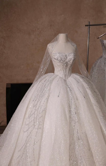 Elegant Strapless Sparkling Beaded Sequin Veil A-Line Wedding Dress DP8599