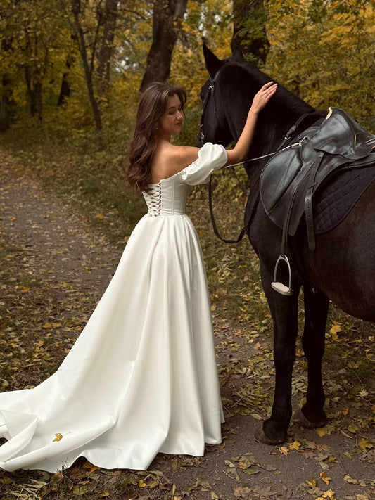 Vintage Off-the-Shoulder Puff Sleeve Satin A-Line Wedding Dress DP8608