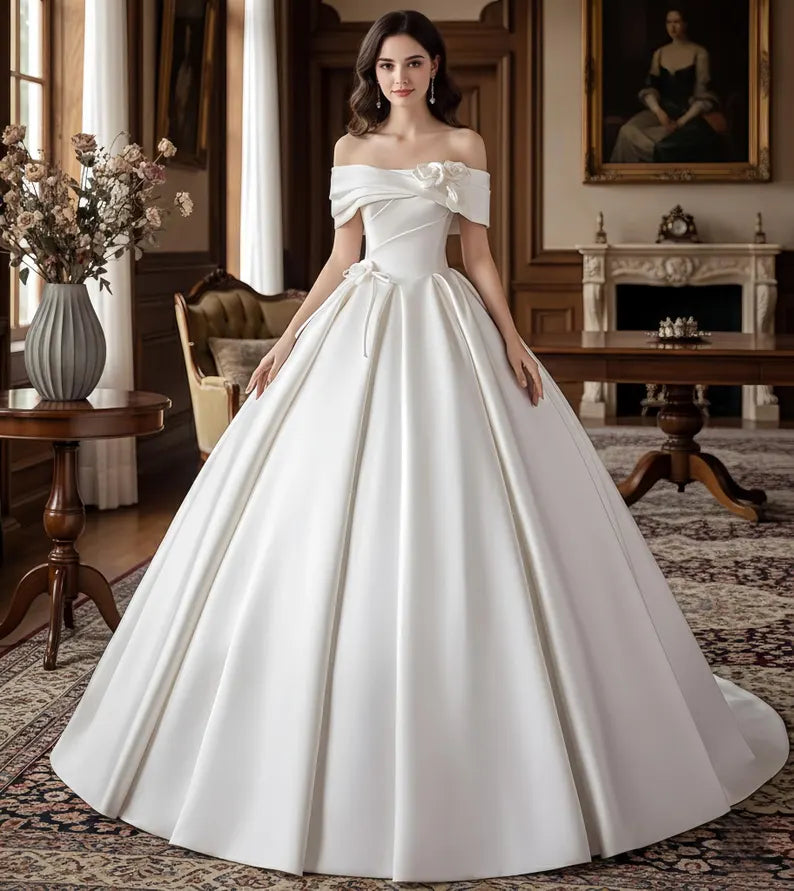 Elegant Ivory Off-the-Shoulder Satin 3D Floral A-Line Wedding Dress DP8594