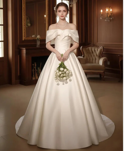 Vintage Ivoryt Off-the-Shoulder Satin A-Line Wedding Dress DP8609