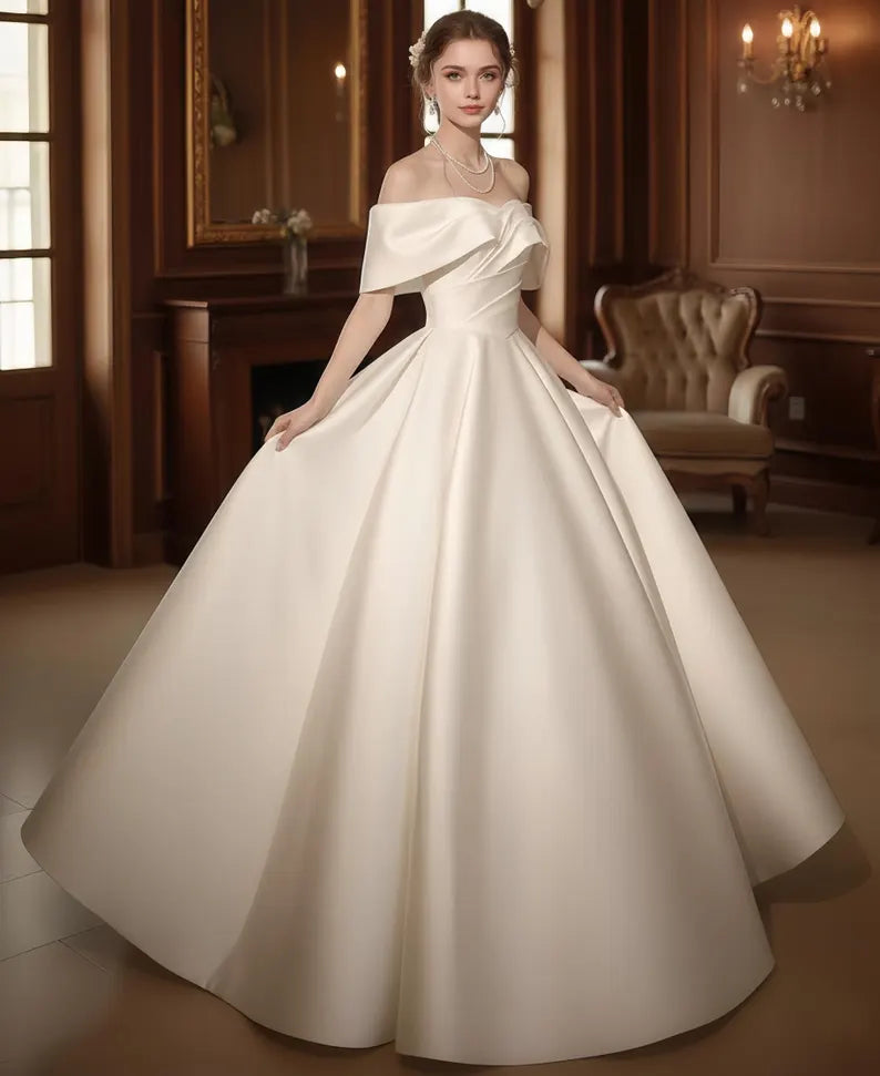 Vintage Ivoryt Off-the-Shoulder Satin A-Line Wedding Dress DP8609