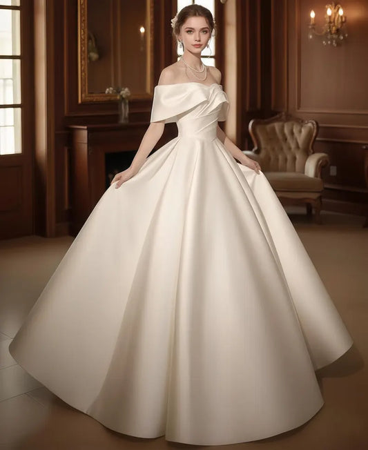 Vintage Ivoryt Off-the-Shoulder Satin A-Line Wedding Dress DP8609