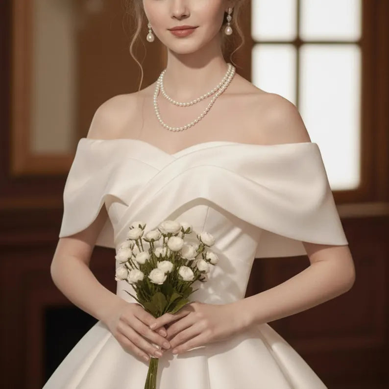 Vintage Ivoryt Off-the-Shoulder Satin A-Line Wedding Dress DP8609