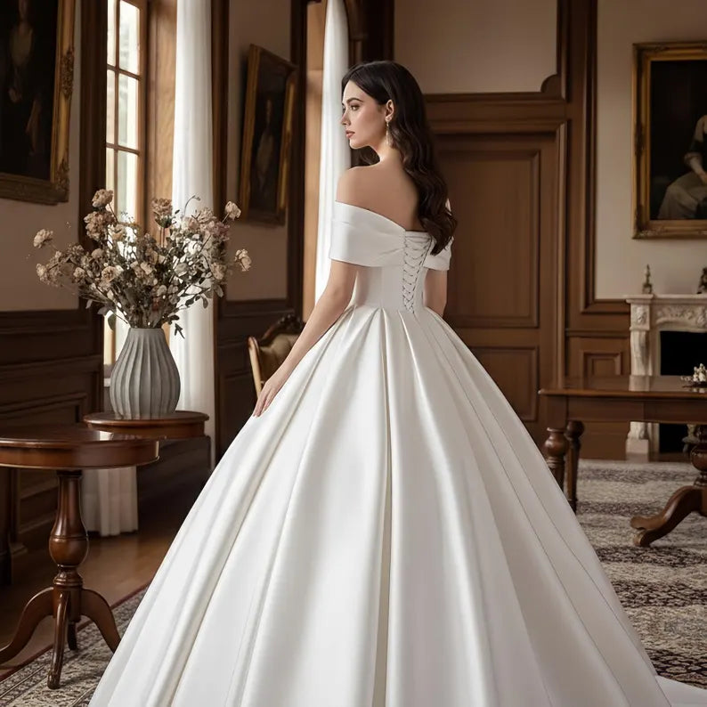 Elegant Ivory Off-the-Shoulder Satin 3D Floral A-Line Wedding Dress DP8594