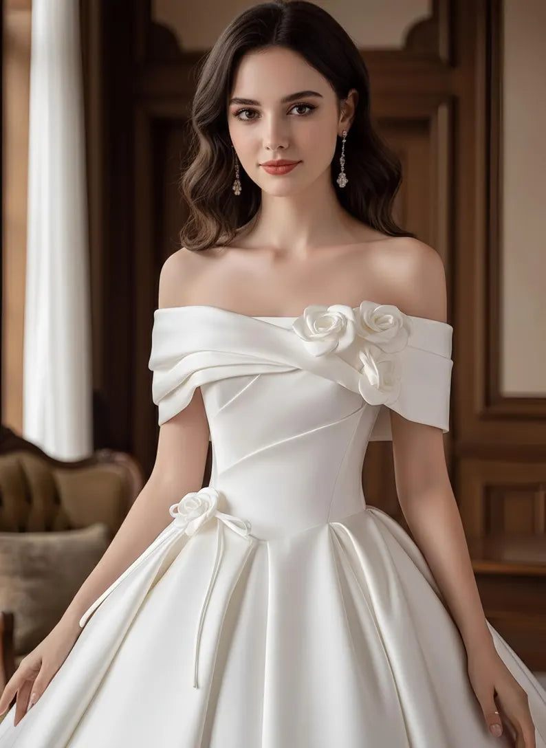 Elegant Ivory Off-the-Shoulder Satin 3D Floral A-Line Wedding Dress DP8594