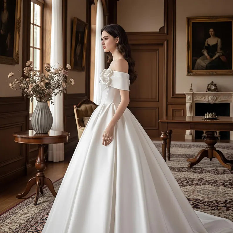 Elegant Ivory Off-the-Shoulder Satin 3D Floral A-Line Wedding Dress DP8594