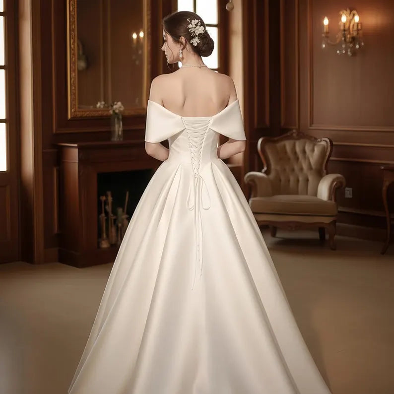 Vintage Ivoryt Off-the-Shoulder Satin A-Line Wedding Dress DP8609